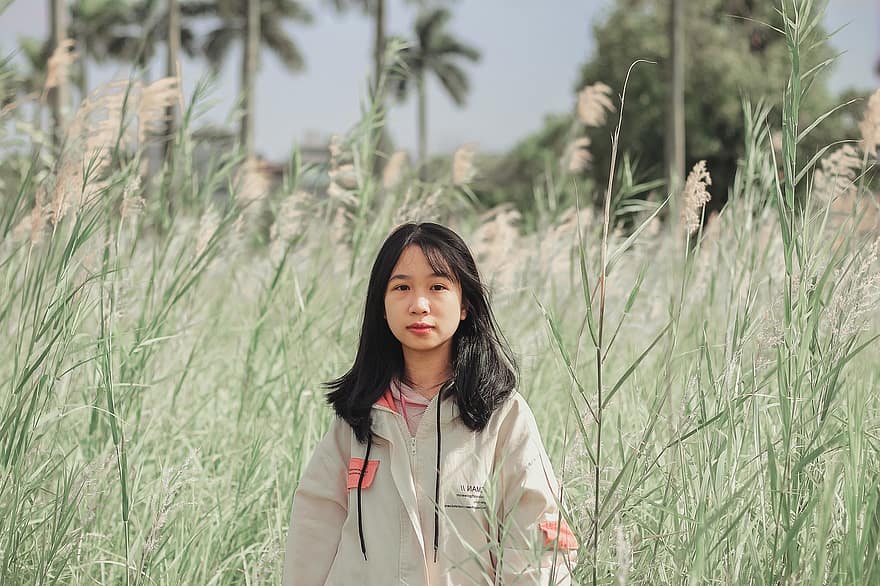 девушка, женщины, модель, трава, национальный, сад, Ханой, Вьетнам