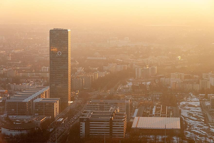 Мюнхен, olympiaturm, заход солнца, Германия, с высоты птичьего полета, городской пейзаж