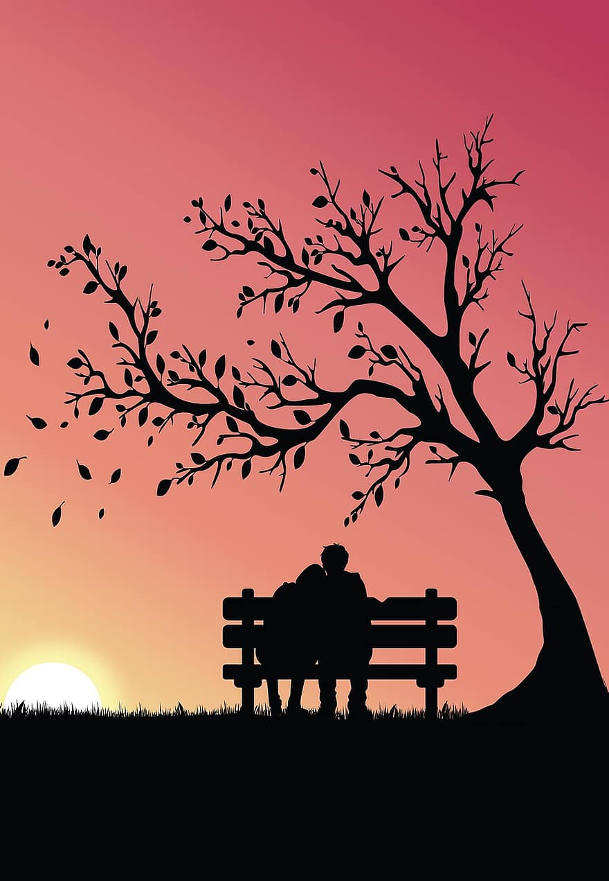 par, romantisk, solnedgång, kärlek, relation, romantik, älskande, tillsammans, bänk, träd, parkera