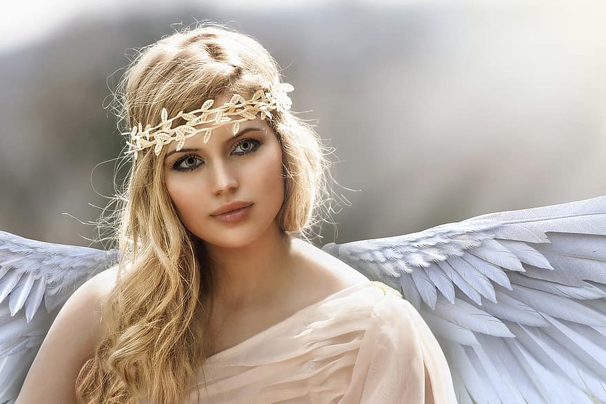 ängel, vingar, fantasi, kvinna, himmelskt, magisk, blond, gyllene, hår, klänning, skönhet