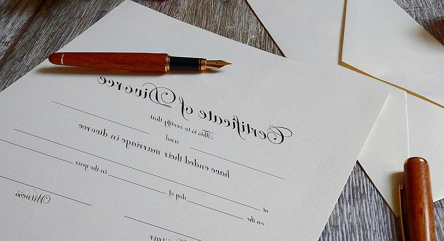 divorț, certificat, stilou, hârtii, document, acord, despartire, Dizolvare, separare, plic, prenupțial