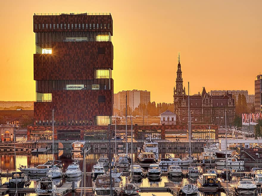 City, Buildings, Port, Harbor, Sunset, Dusk, Evening, Museum Aan De Stroom, River Scheldt, Antwerp