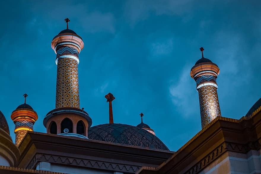 mešita, islámský, muslimský, nebe, světlo, noc, minaret, náboženství, architektura, slavné místo, ramadán