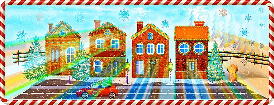 Häuser, Schneeflocken, Weihnachten, Winter, Schnee, Bäume, Schneefall, Postkarte, Auto, Weihnachtsbeleuchtung, Ziegelhaus