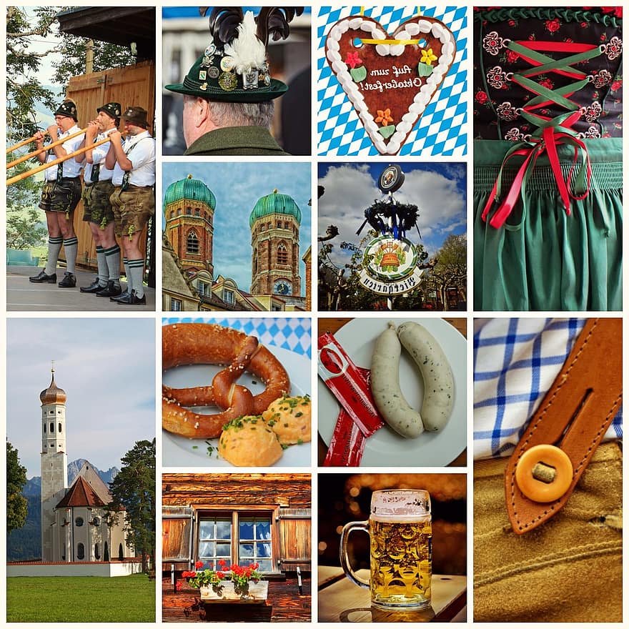 collage, baviera, oktoberfest, munich, bavarian, disfressa, tradició, Alemanya, festa popular, pantalons de cuir, dirndl