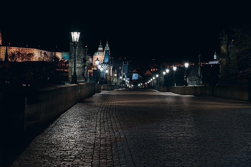 夜、通り、舗装、歩道、シティ、ボヘミア、街並み、玉石、チェコ共和国