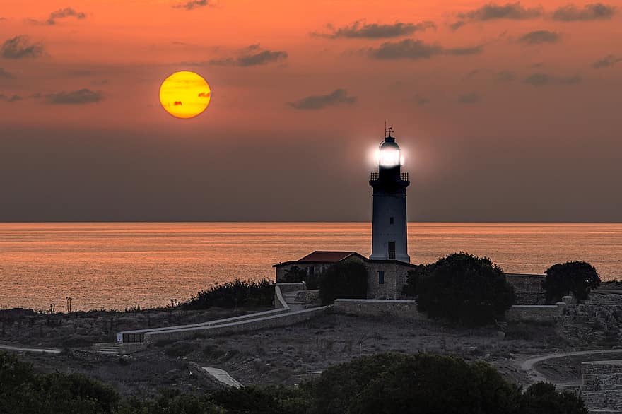 Lighthouse, Island, Sunset, Cyprus, Sea, Paphos, Landscape, coastline, dusk, water, night