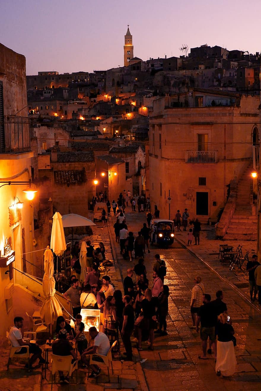 matera, natt, by, gata, Italien, stad, skymning, arkitektur, solnedgång, kulturer, stadsbild