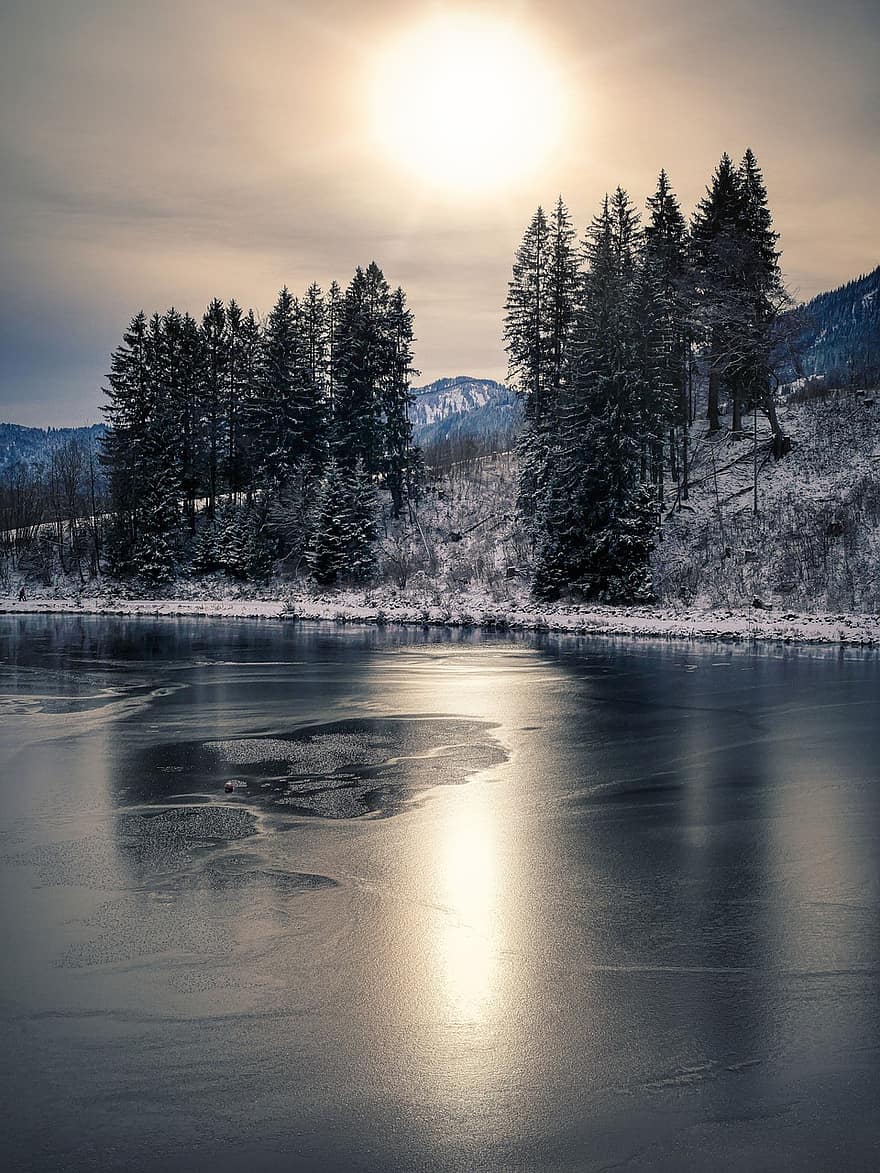 lago, congeladas, Dom, por do sol, luz solar, reflexão, geada, frio, Lago congelado, gelo, inverno