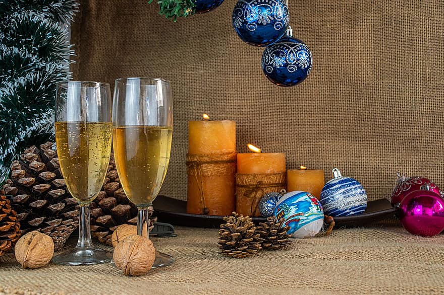 napoje, szampan, Boże Narodzenie, okulary, toast, kulki