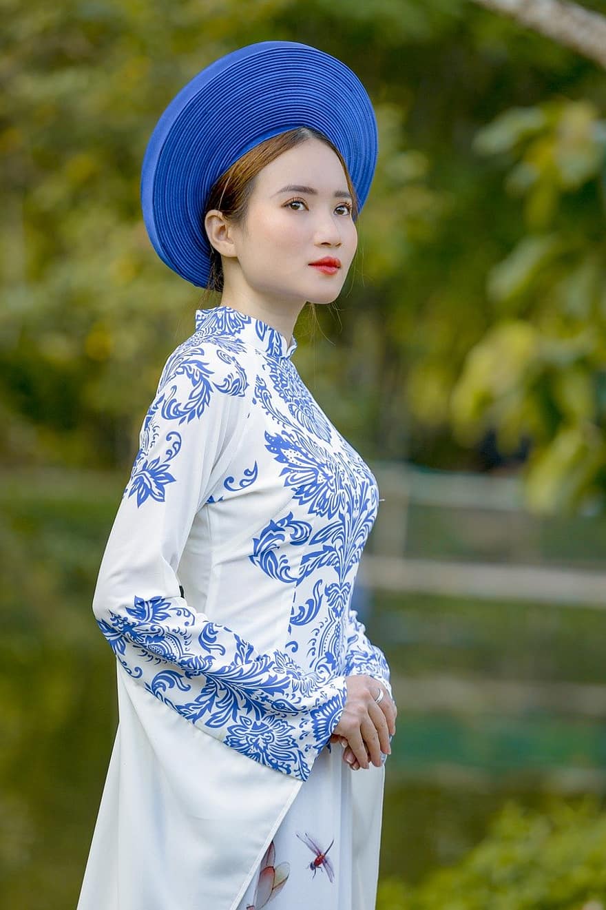 ao dai, Moda, mujer, retrato, Vestido Nacional de Vietnam, sombrero, vestido, tradicional, niña, bonita, actitud
