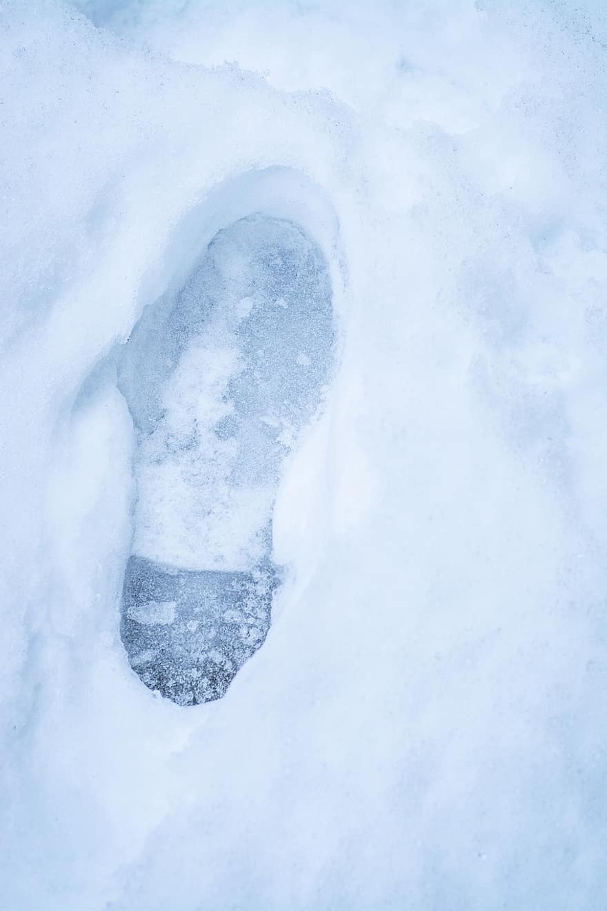 lábnyom, hó, téli, szabadban, utazás, évszak, jég, fagyott, gyalogló, háttérrel, közelkép