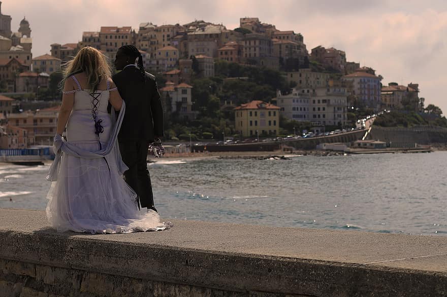 séta, család, tenger, esküvő, menyasszony, vőlegény, nő, strand, befogadás, Liguria, házasság
