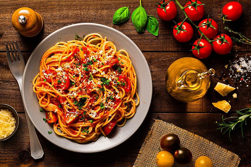 spaghetti, pasta, tomatsås, måltid, maträtt, mat, tomat, gourmet, tabell, friskhet, tallrik