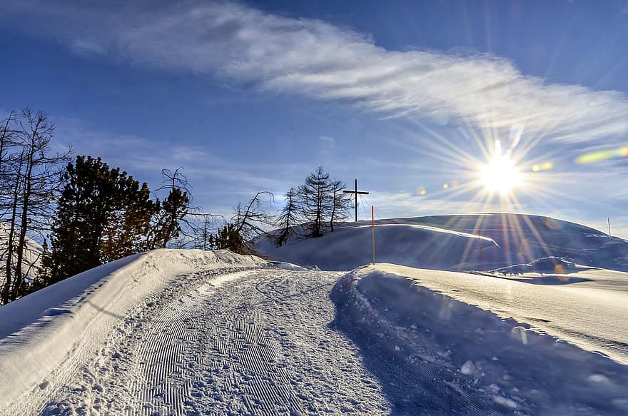 žiemą, sniegas, kelias, kalnai, pobūdį, Alpių, kraštovaizdį, saulėlydis, saulė, šalta, Alpės