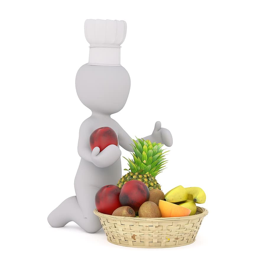 owoc, koszyk na owoce, zdrowy, witamina, wegańskie, biały samiec, Model 3D, odosobniony, 3d, Model, całe ciało