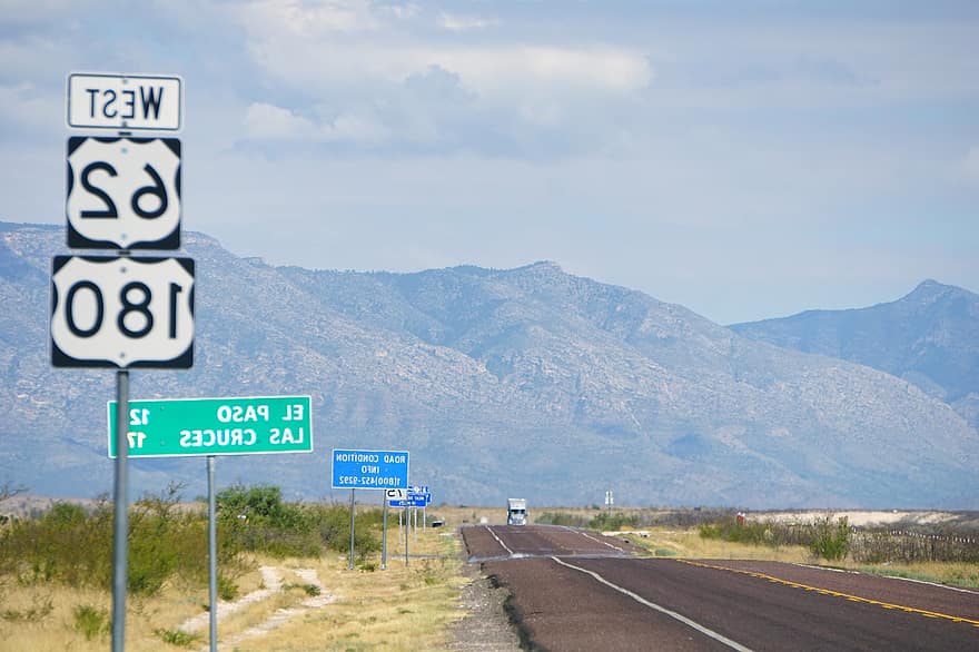 Autoroute, route, les montagnes, panneau de signalisation, signe, Montagnes de Guadalupe, Ouest, paysage