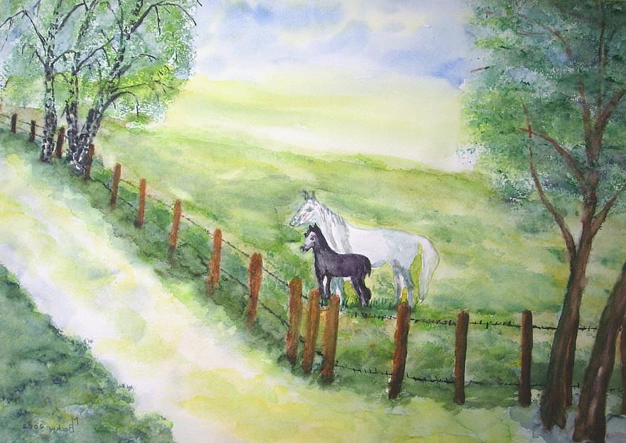 kuda, kopel, padang rumput, lukisan, gambar, seni, cat, warna, artistik, lukisan gambar, artis