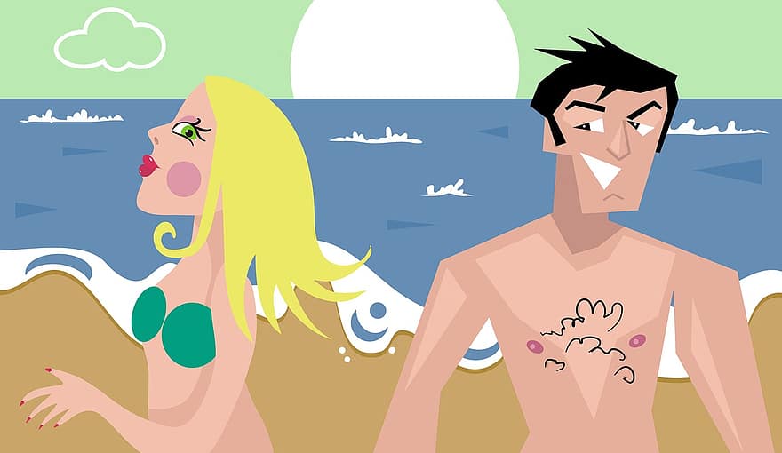 Man, Male, People, Woman, Couple, Flirting, Beach, Ocean, Relationships, Cartoon, Female