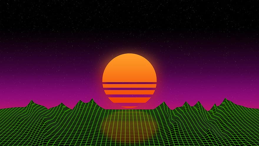 solnedgang, gitter, 80'erne, retro, 1980, gaming, nat, illustration, baggrunde, vektor, landskab