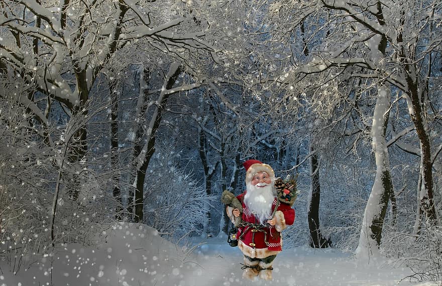 Joulupukki, Nicholas, joulu, talvi-, lumi, lumisade, talvinen, lahjat, luminen, metsä, metsäpolku