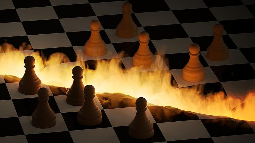 Chess Board, Figures, Fire, Crack, Abyss, 3d