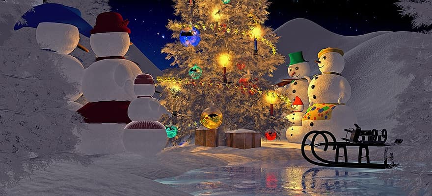 Ziemassvētki, Ziemassvētku vakars, Ziemassvētku eglīte, sniegavīrs, ziemā, sala