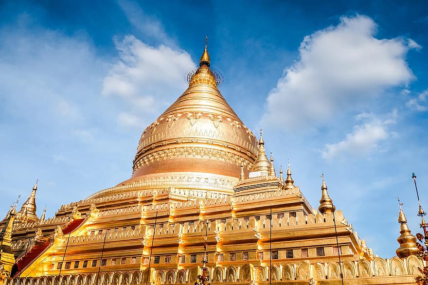 tempel, boeddhistische tempel, architectuur, gouden tempel, shwezigon pagode, Shwezigon Paya, boeddhistische stupa, Nyaung-u, Myanmar, religieuze plaats