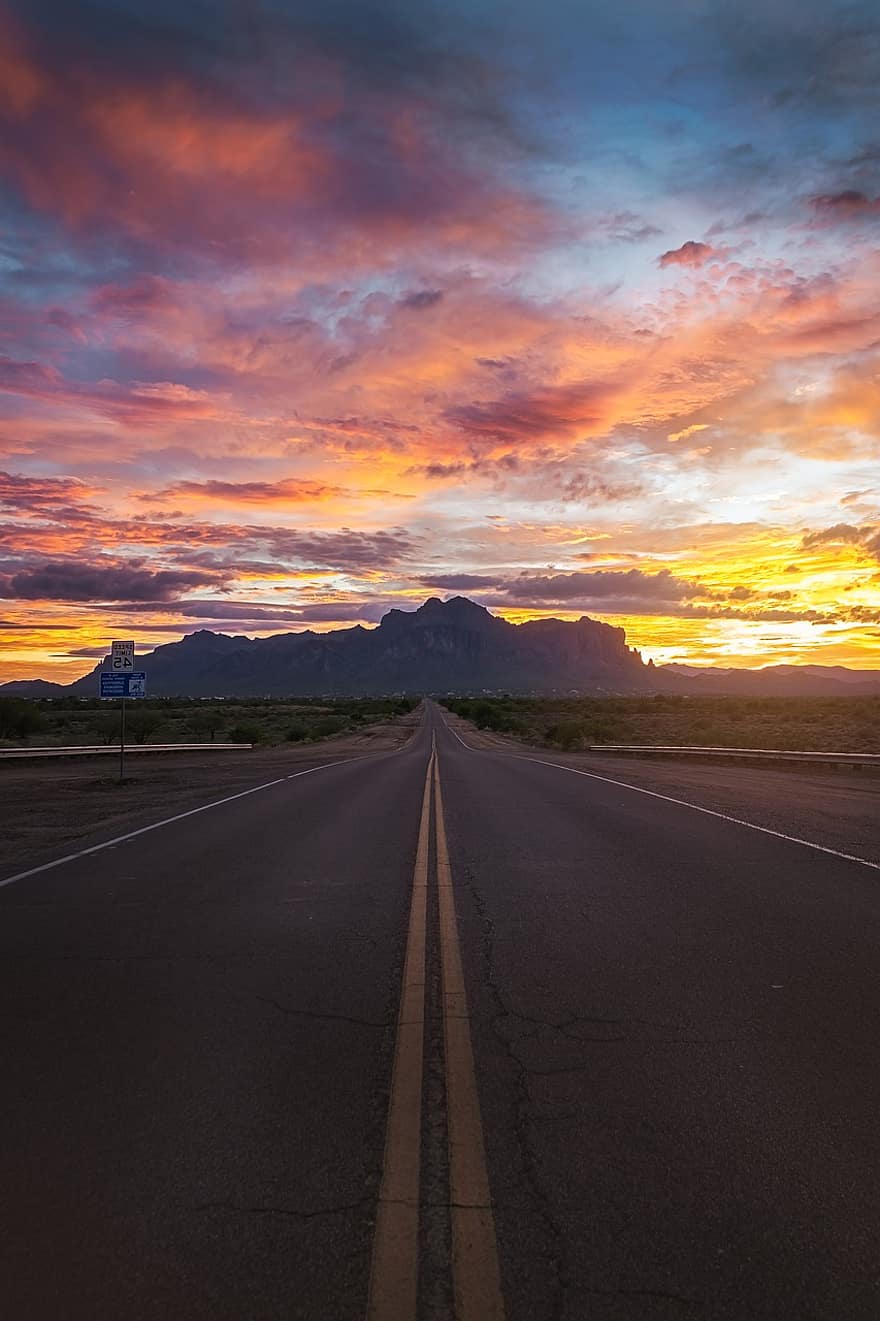 Road, Sunrise, Countryside, Mountains, Clouds, Landscape