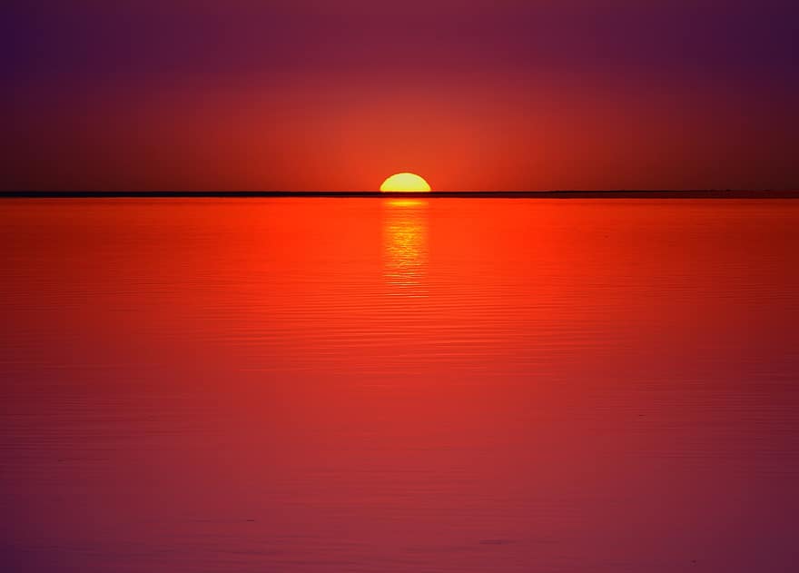 zonsondergang, meer, horizon, zon, Al Razzaza-meer, Irak, zonlicht, schemer, schemering, water, zomer