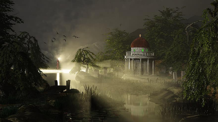 мавзолей, гробище, фантазия, нощ, гроб, езеро, вода, светлина, фар, мъгла, дърво