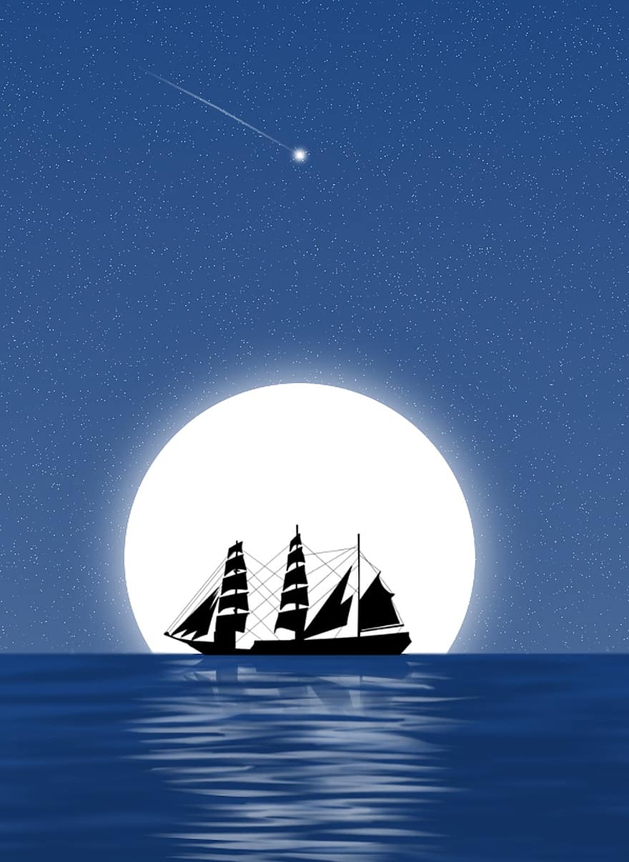 човен, силует, місяць, вітрильний спорт, малюнок, море, горизонт, небо, зірка, падаюча зірка, краєвид