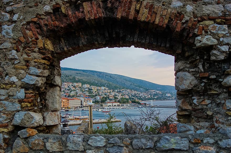 прозорец, тухлени стени, Хърватия, град, крайбрежие, зидария, Stoneworks, изглед на прозорец, море, океан, изглед към океана