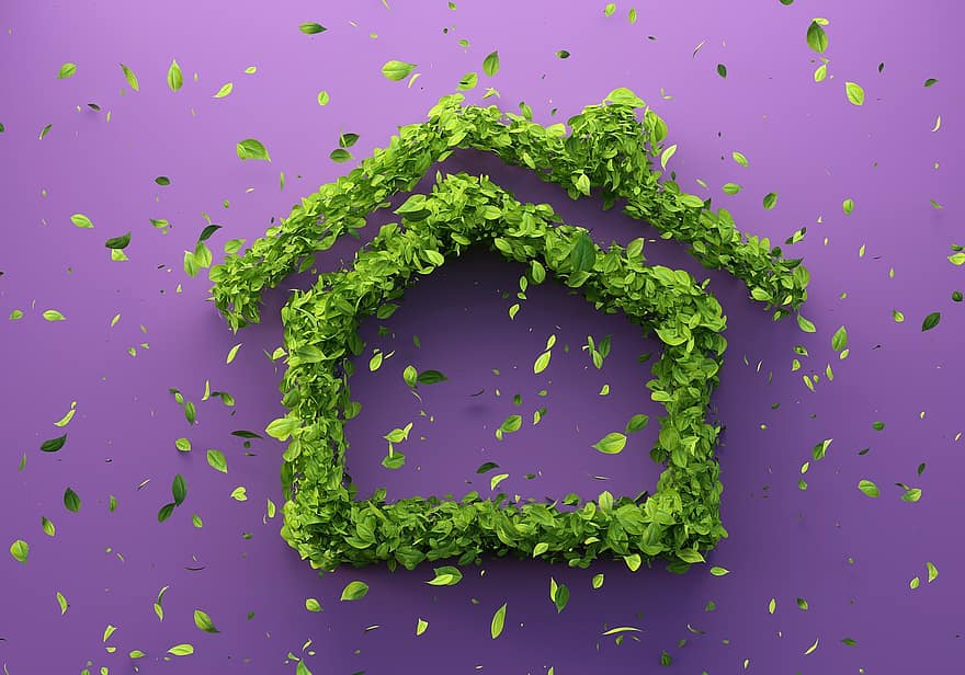 casa, sostenibilitat, Llar Sostenible, Casa Sostenible, fulles, naturalesa, medi ambient, ecologia, fullatge, verd, Representat en 3D