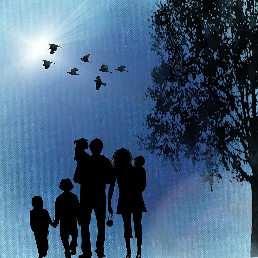 famille, des silhouettes, arbre, des oiseaux, ensoleillement