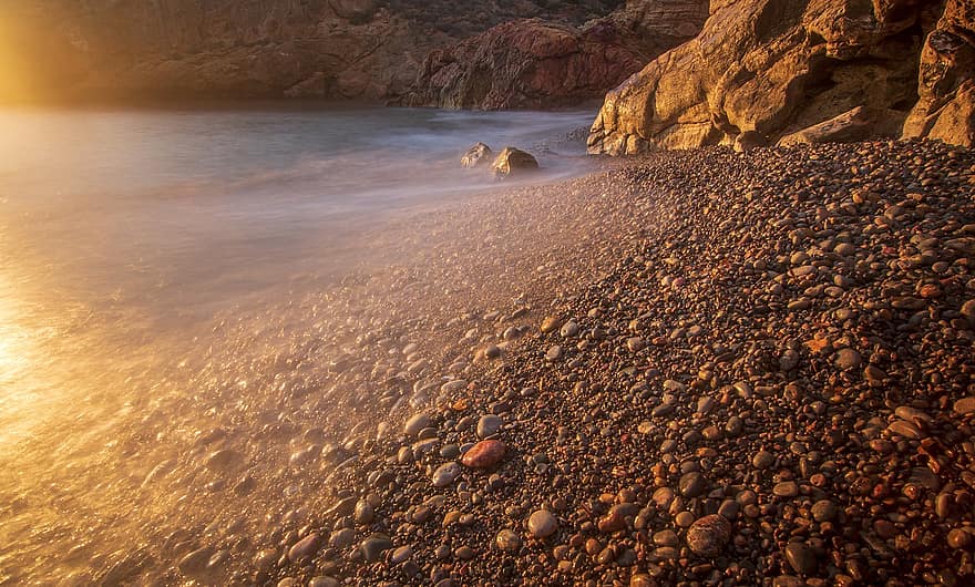rochas, de praia, costa, seixos, pedras, natureza, por do sol, oceano, mar, Cartagena