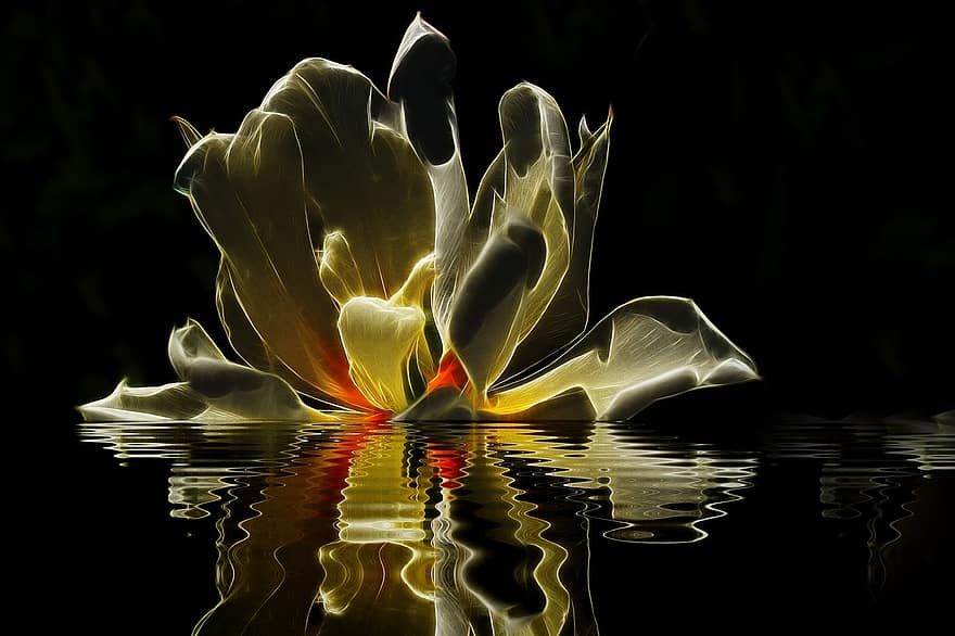 tulipa, brilhando, imperador exótico, fractalius, amarelo, fictício, espelhamento, Flor, flor, natureza, onda