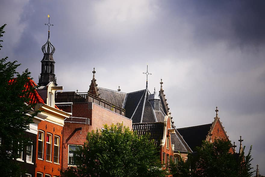 Budynki, Miasto, Amsterdam, Holandia, punkty orientacyjne, architektura, zabytki, miejski