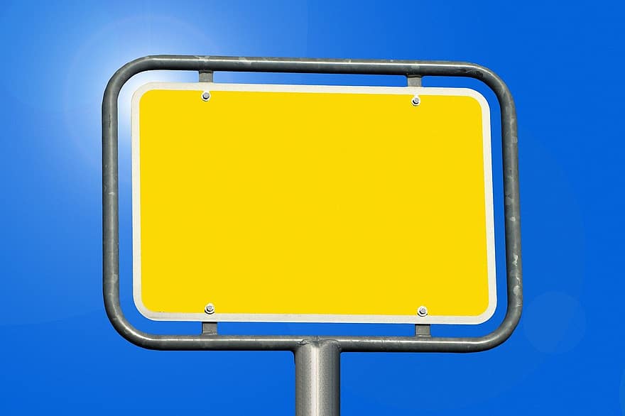 Platsnamnskylt, styrelse, skylt, attrapp, tömma, ukraina, nationella färger, blå, tom, metall, gul