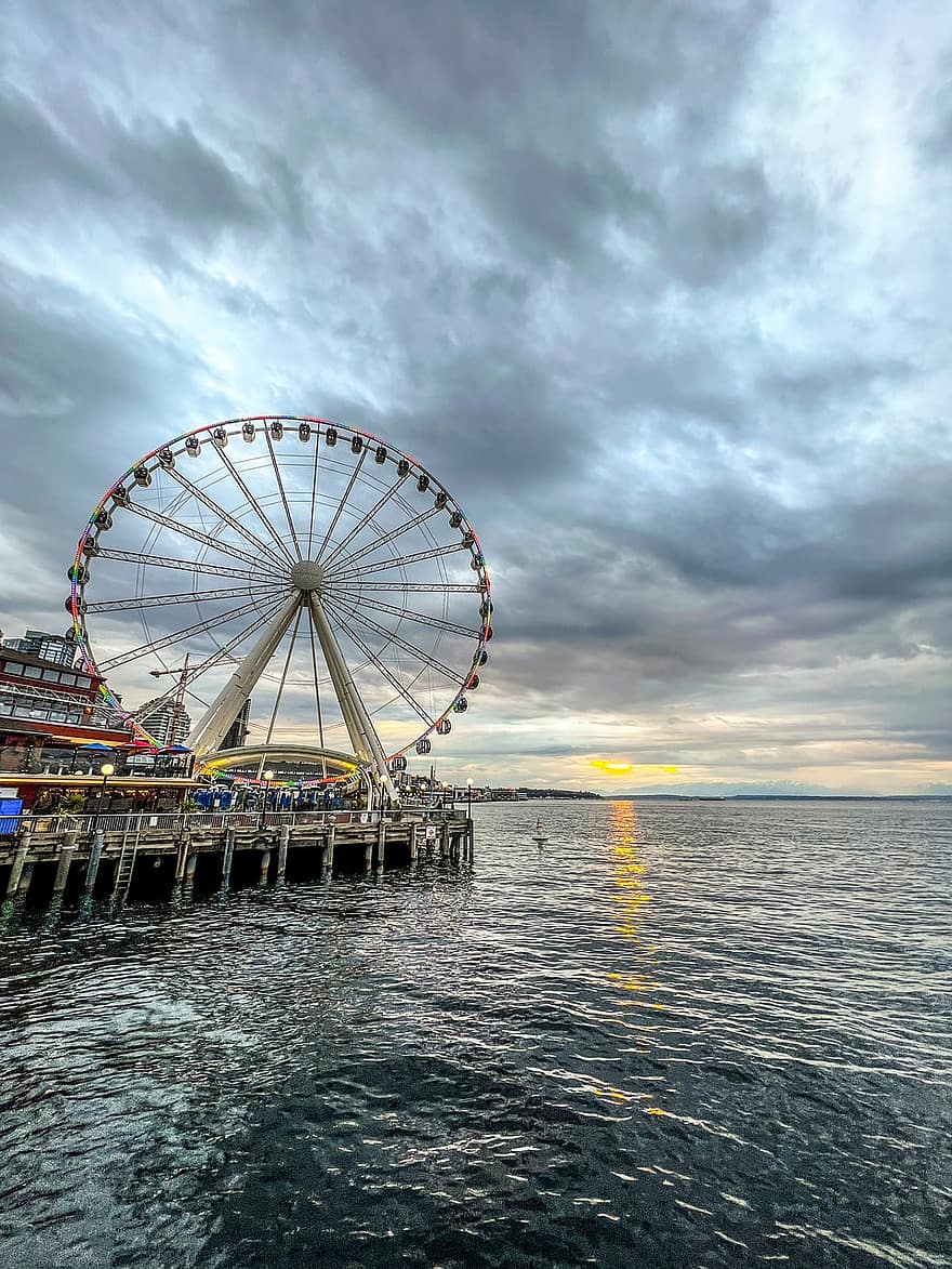 Seattle, gran rueda, ciudad, viaje, agua, verano, azul, vacaciones, oscuridad, puesta de sol, barco náutico