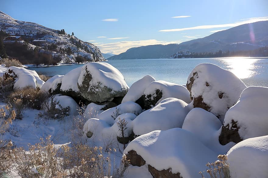 vinter, sæson, natur, udendørs, sne, sø, klipper, landskab, Okanagan