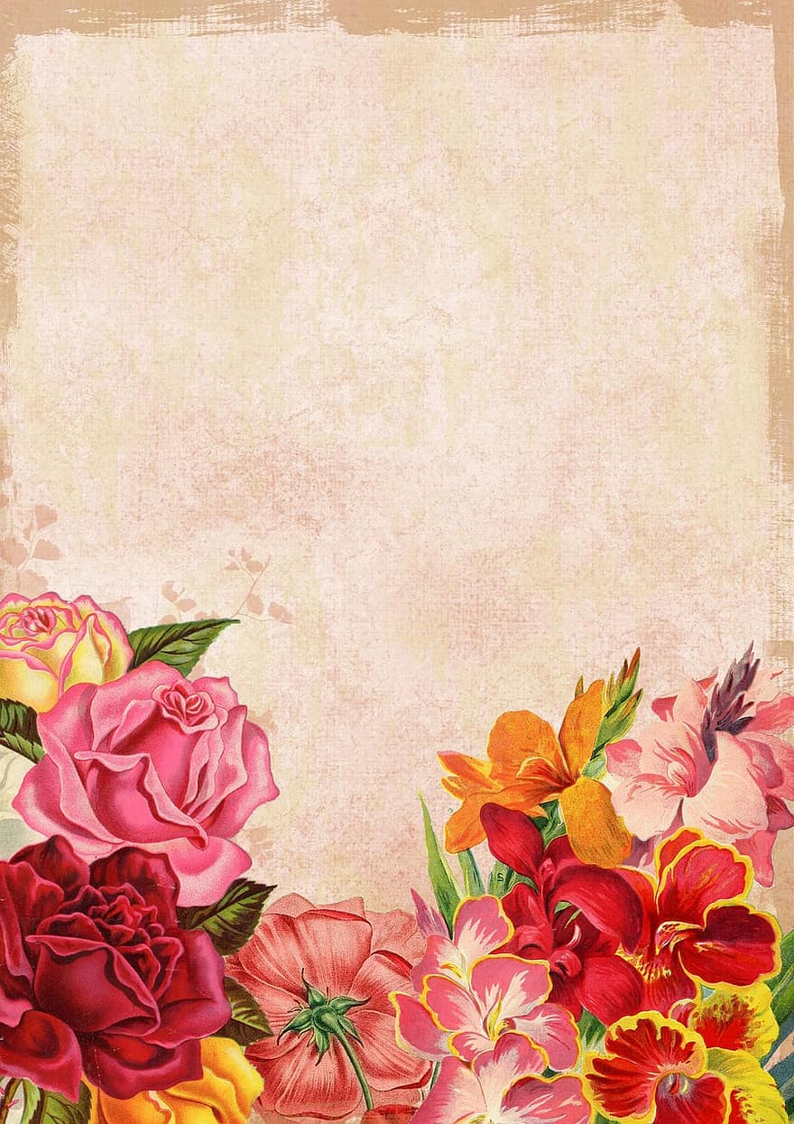 blomst, floral, bukett, bakgrunn, rød, rosa, rose, årgang, papir, gammel, romantisk
