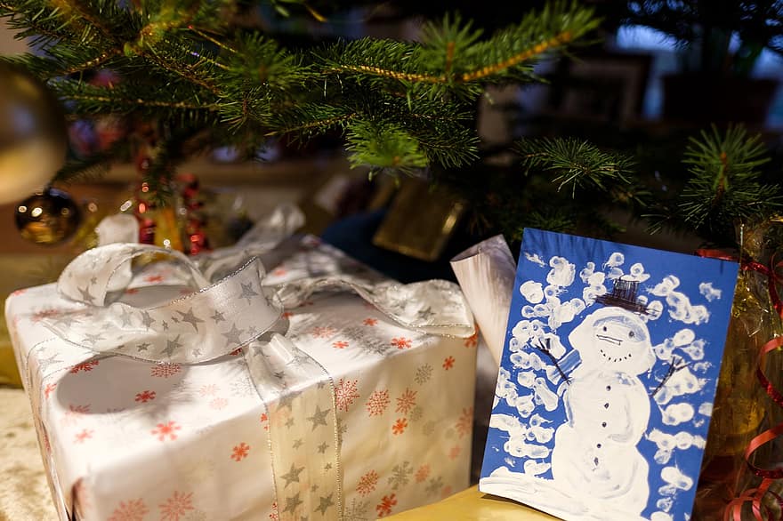 gåva, närvarande, kort, jul, träd, högtider, jultid, överraskning
