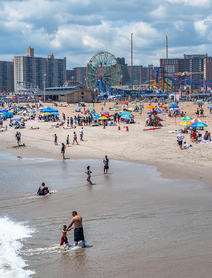 Coney Island, spiaggia, brooklyn, vacanza, persone, sabbia, costa, mare, oceano, acqua, città