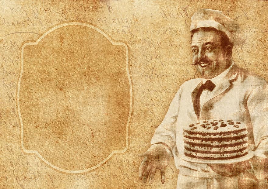 Baker, Vintage, Cooking, Cake, Recipe, Food, Old, Cheerful, Chef's Hat, Background, Retro