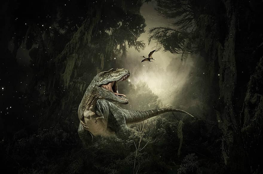 dinozauri, t-rex, pterodaktils, aizvēsturisks, koki, mežs, apgaismojums, džungļos
