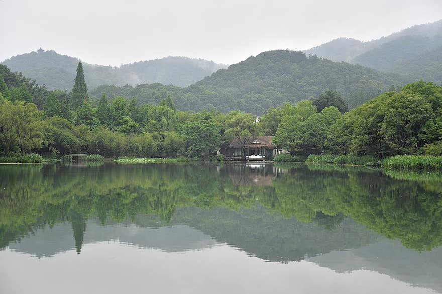 озеро, гори, природи, туман, ліс, дерева, води, рефлексія, хмарно, мальовничий, Чжецзян