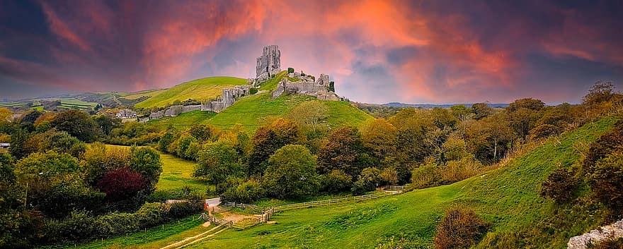 Corfe Castle, Forest, Dorset, Sunset, Landscape, Countryside, rural scene, mountain, meadow, grass, farm