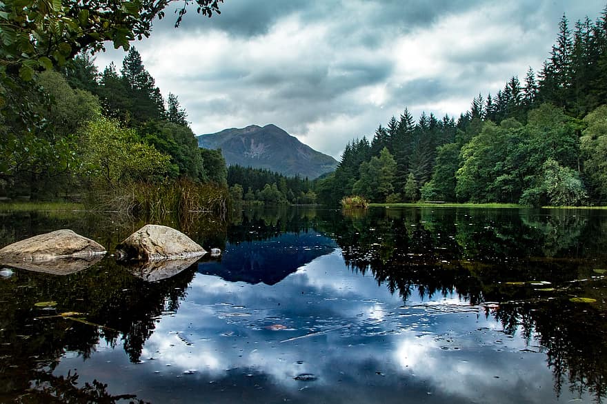innsjø, trær, skog, fjellene, lochan, høylandet, natur, landskap, høylandet og øyene, Glencoe, Balachulish