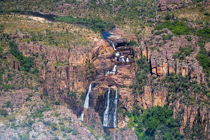 cascades, muntanyes, parc nacional de kakadu, panorama, penya-segat, cau, riu, aigua, kakadu, bosc, paisatge